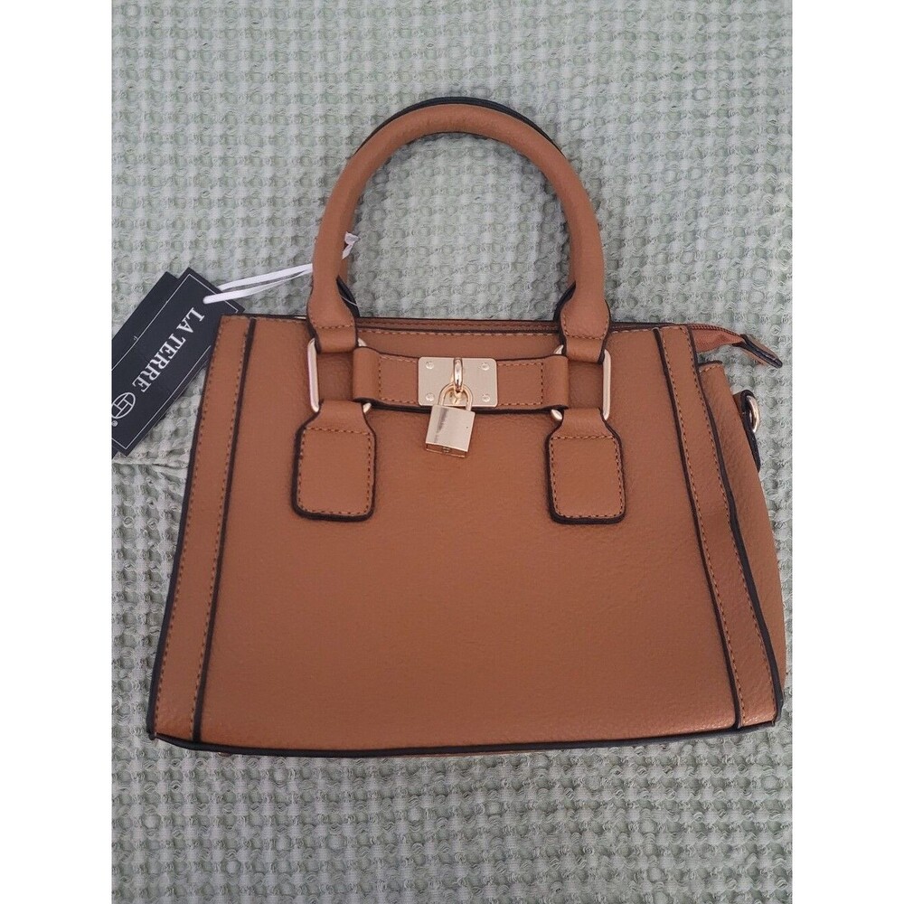 LA TERRE Cognac Vegan Leather Satchel Gold Padlock NWT Crossbody